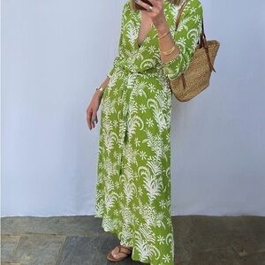 ZARA PRINTED DRESS WITH BELT GREEN LONG SLEEVES